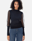 Mock Neck Mesh Sleeve Slim Knit Top