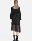 Crew Neck Waist Mesh Lace Long Sleeve Dress