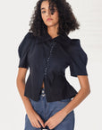 Retro High Collar Puff Sleeve Shirt