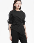 Pleat Waist Irregular Hem Mesh Sleeve T-Shirt