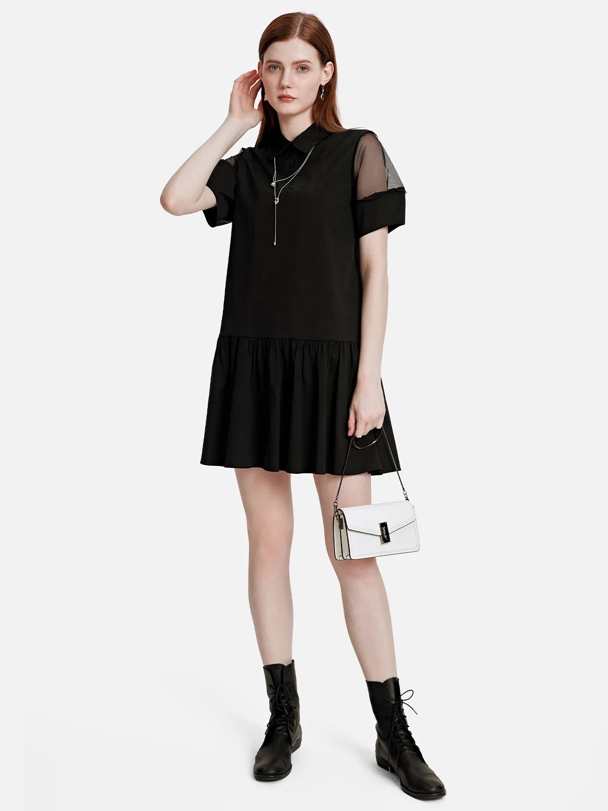 Solid Mesh Sleeve Shirt Mini Dress