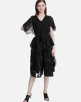 V-neck Chiffon Patchwork Black Dress