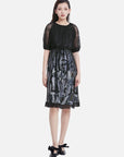 Sheer Mesh Grid Sleeve Printed Dress