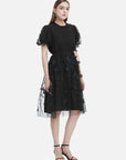 Round Neck Butterfly Rrint Mesh Waisted Short Sleeve Dress