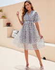 V-neck Floral A-line Puff Sleeve Dress