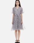 V-neck Floral A-line Puff Sleeve Dress