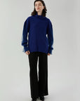 Snug-fit turtleneck sweater with trendy sleeve mesh detail