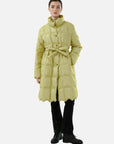 Lightweight belted wavy hem down jacket for winter fashion