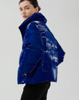 Shiny Stand-Up Collar Puffer Coat Featuring Lettering