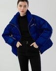 Chic Letter-Printed Stand-Up Collar Jacket in Glossy Finish