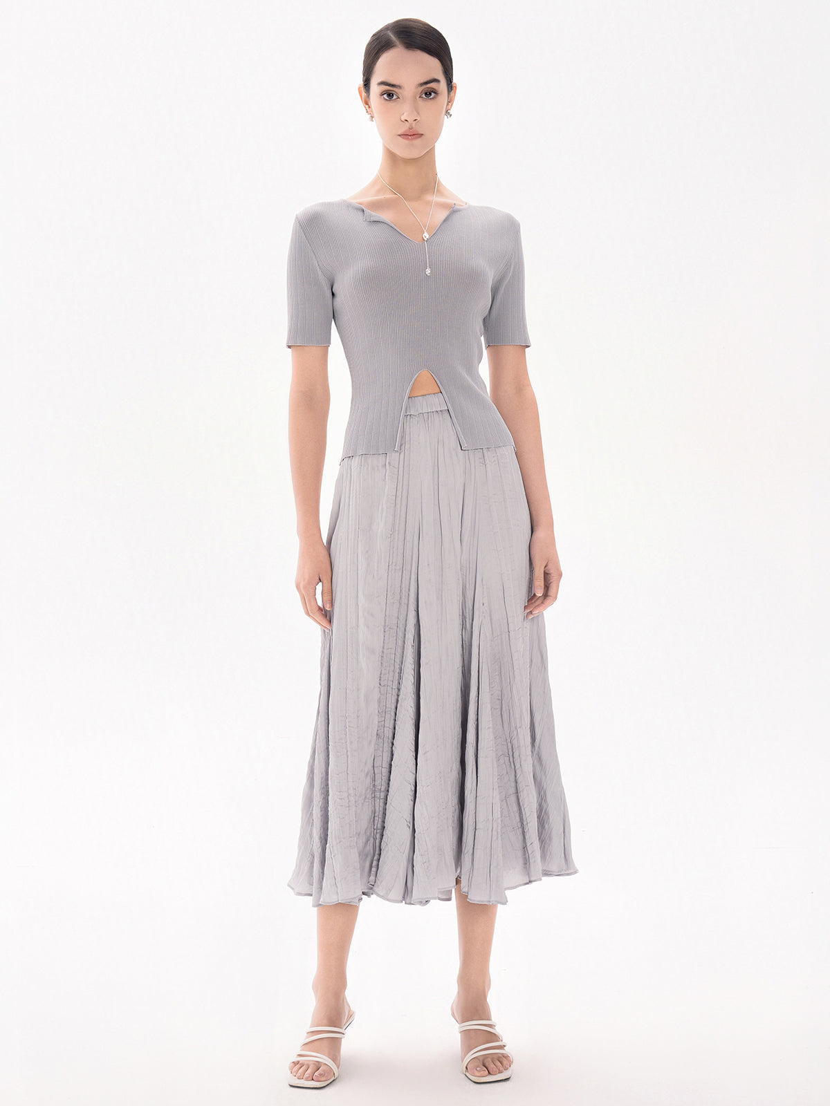 Elastic Waist Crinkle Midi Skirt