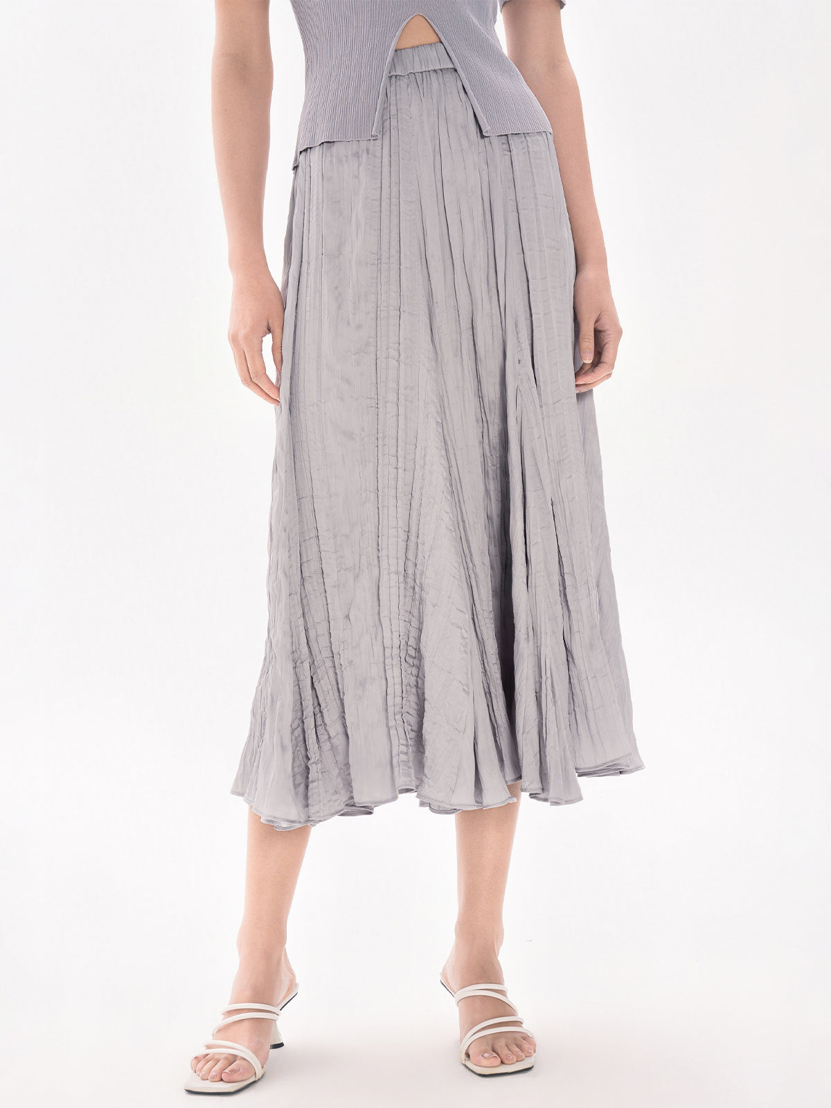 Elastic Waist Crinkle Midi Skirt