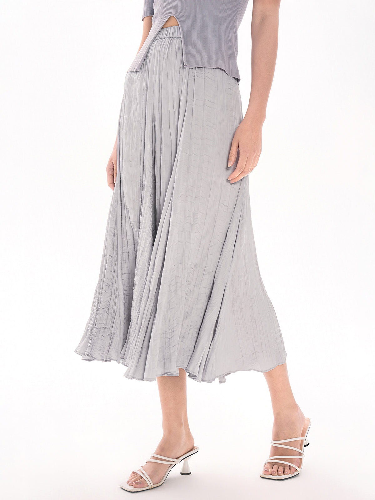 Elastic Waist Crinkle Midi Skirt