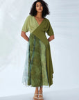 V-neck color block dress with mesh printed hem