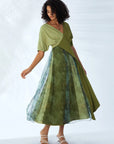 V-neck color block dress with mesh printed hem