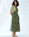 V-neck color block dress with mesh printed hem