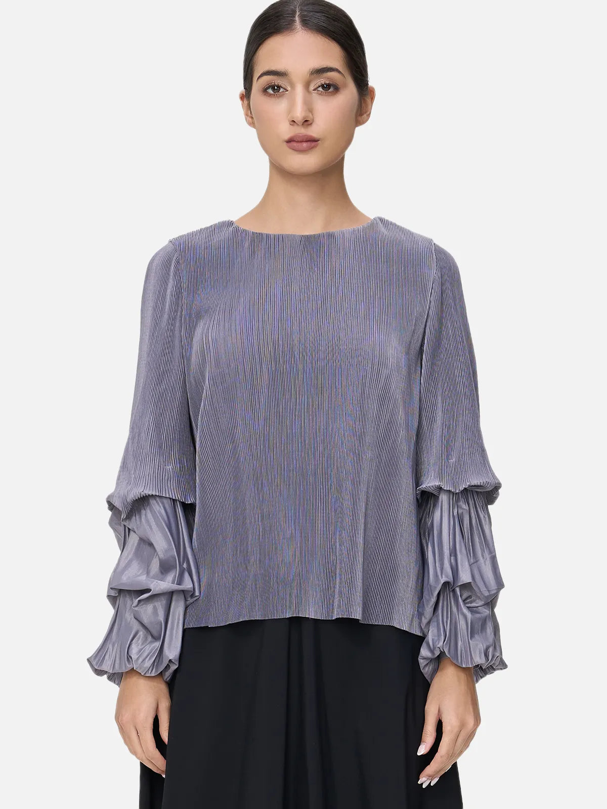 Round Neck Ruffle Lantern Sleeve Blouse