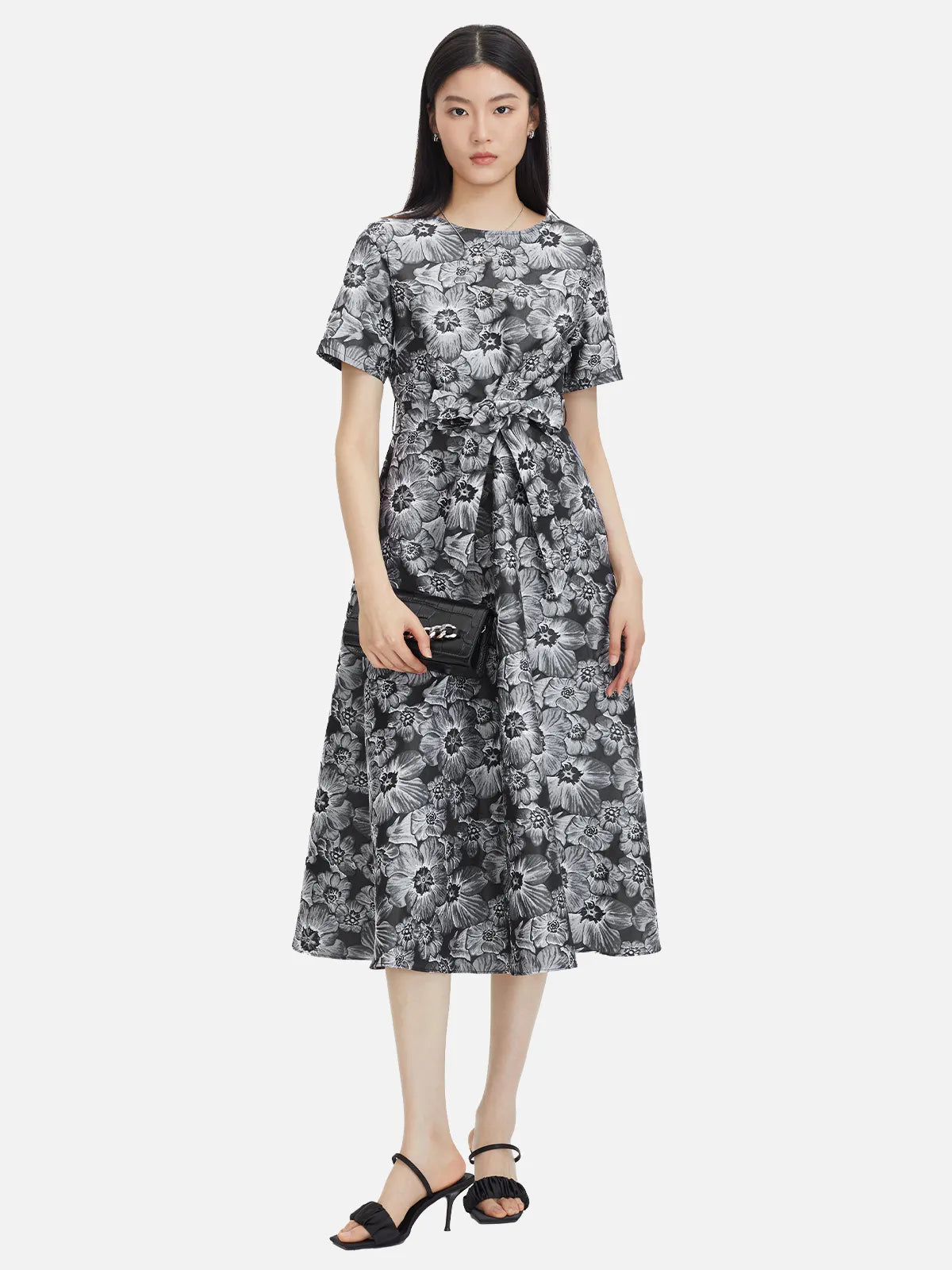 Round Neck Floral Short Sleeve A-Line Dress