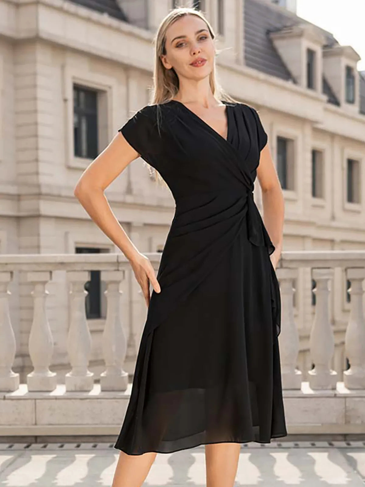 V-Neck Ruffled Waist Draped Dress