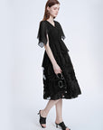 V-neck Chiffon Patchwork Black Dress