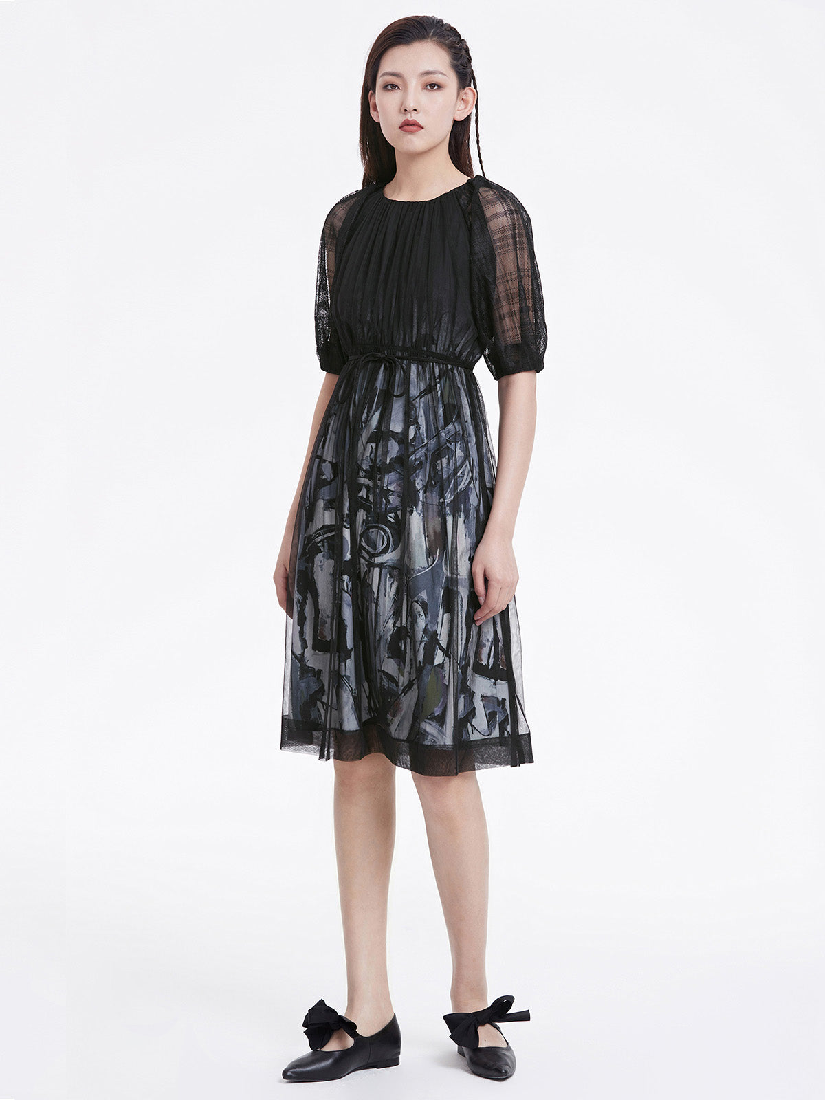 Sheer Mesh Grid Sleeve Printed Dress