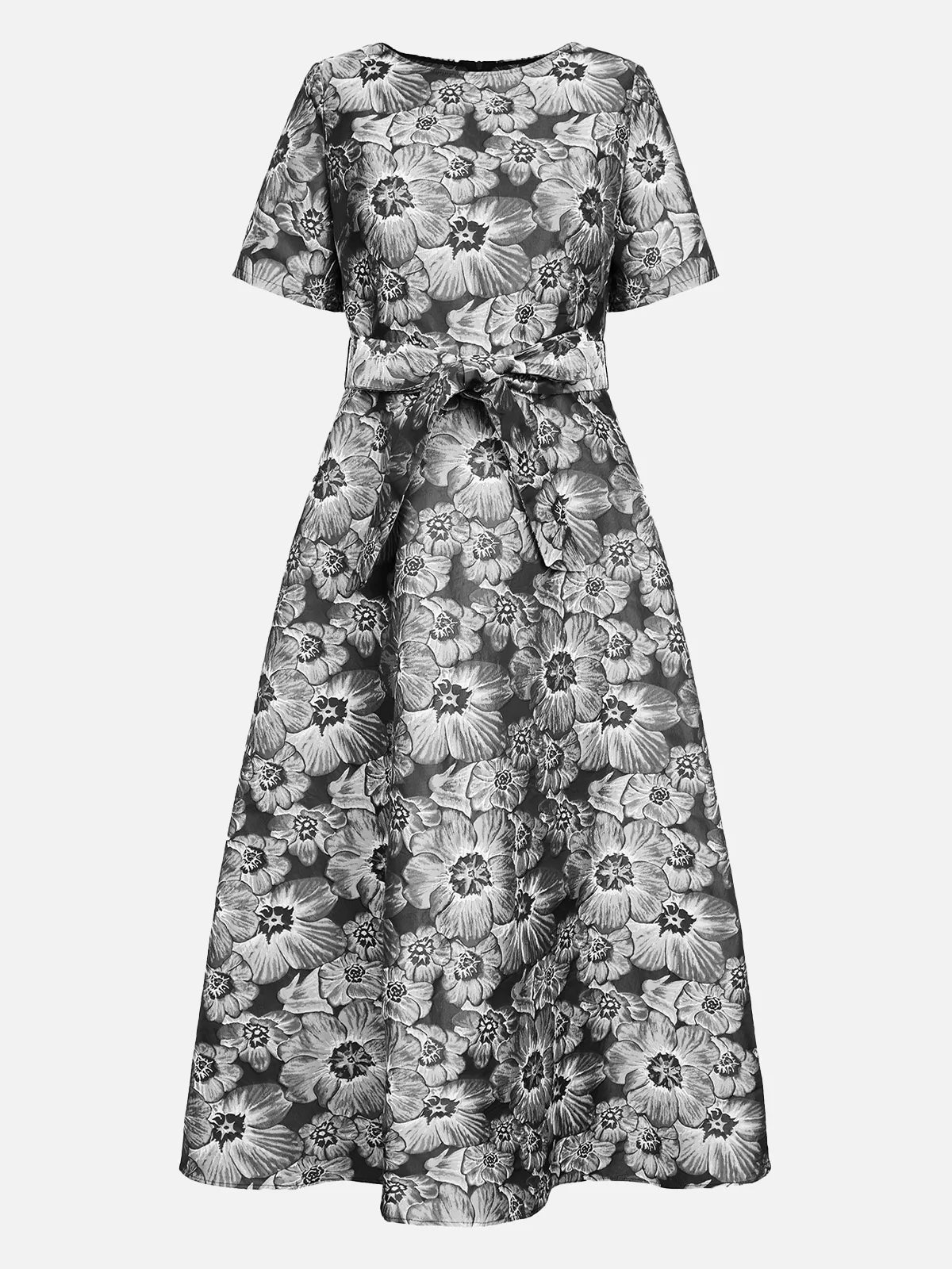 Round Neck Floral Short Sleeve A-Line Dress