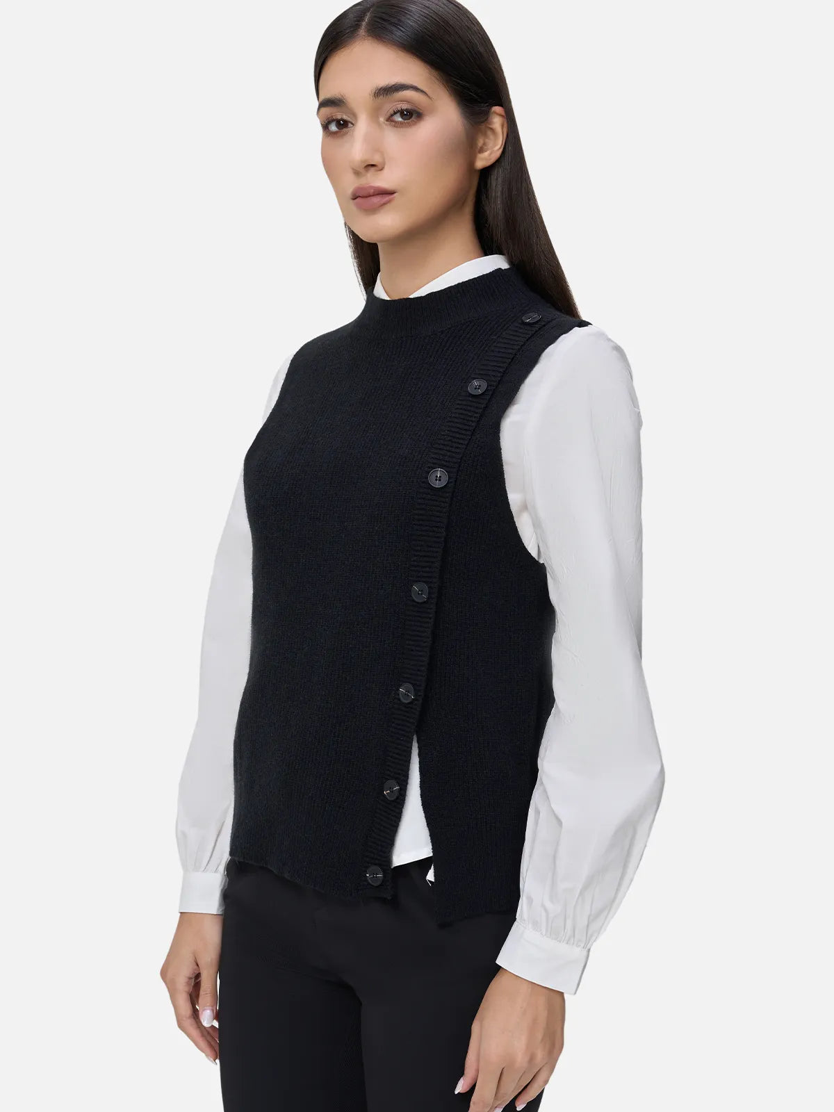 Styling tips for round neck ribbed button split vest