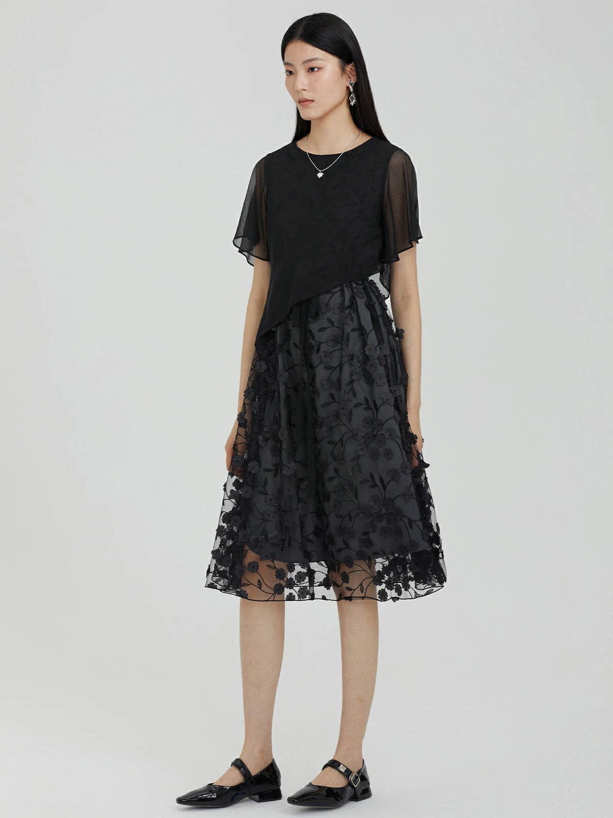 Round Neck Tulle Mesh Patchwork Dress