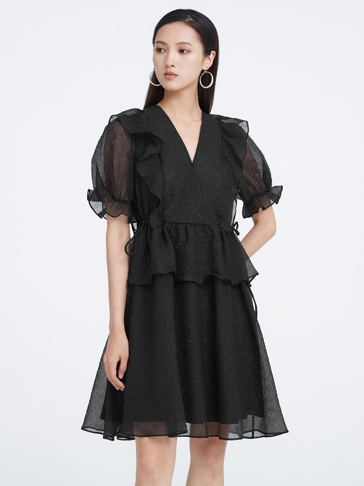 V-Neck A-line Mesh Puff Sleeve Dress