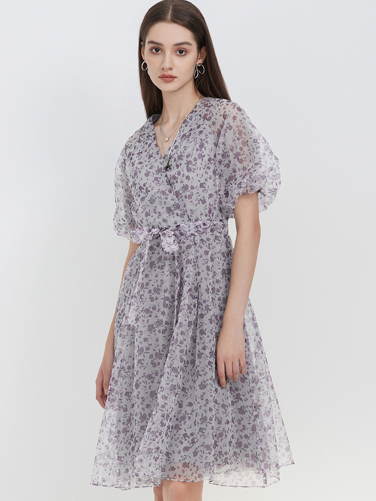 V-neck Floral A-line Puff Sleeve Dress