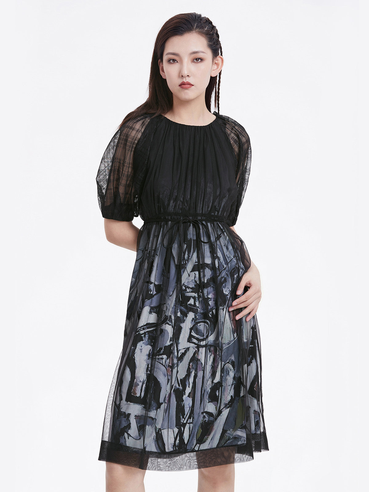 Sheer Mesh Grid Sleeve Printed Dress