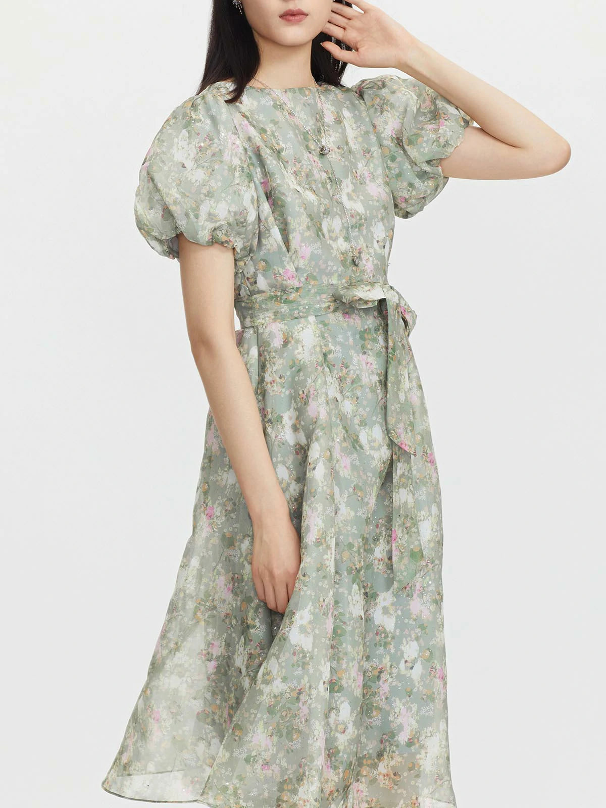 Crewneck Floral A-Line Mesh Dress