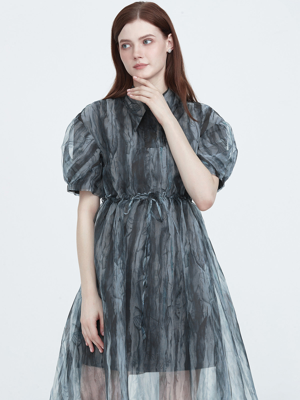 Lapel Collar Ink Smudged Shirt Dress