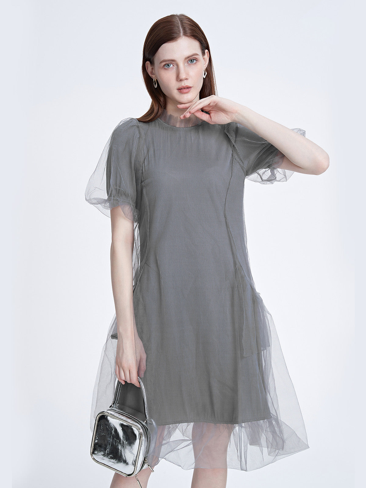 Pleated Mesh Short-sleeved Dress