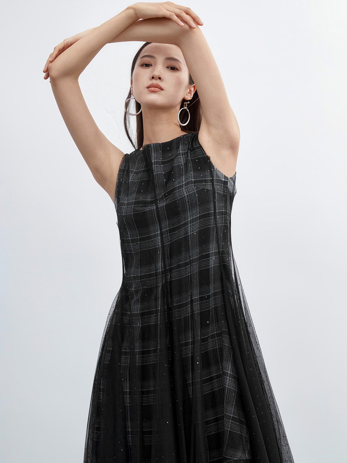 S·DEER black plaid dress with sleeveless design, a sheer tulle skirt, and a flared silhouette