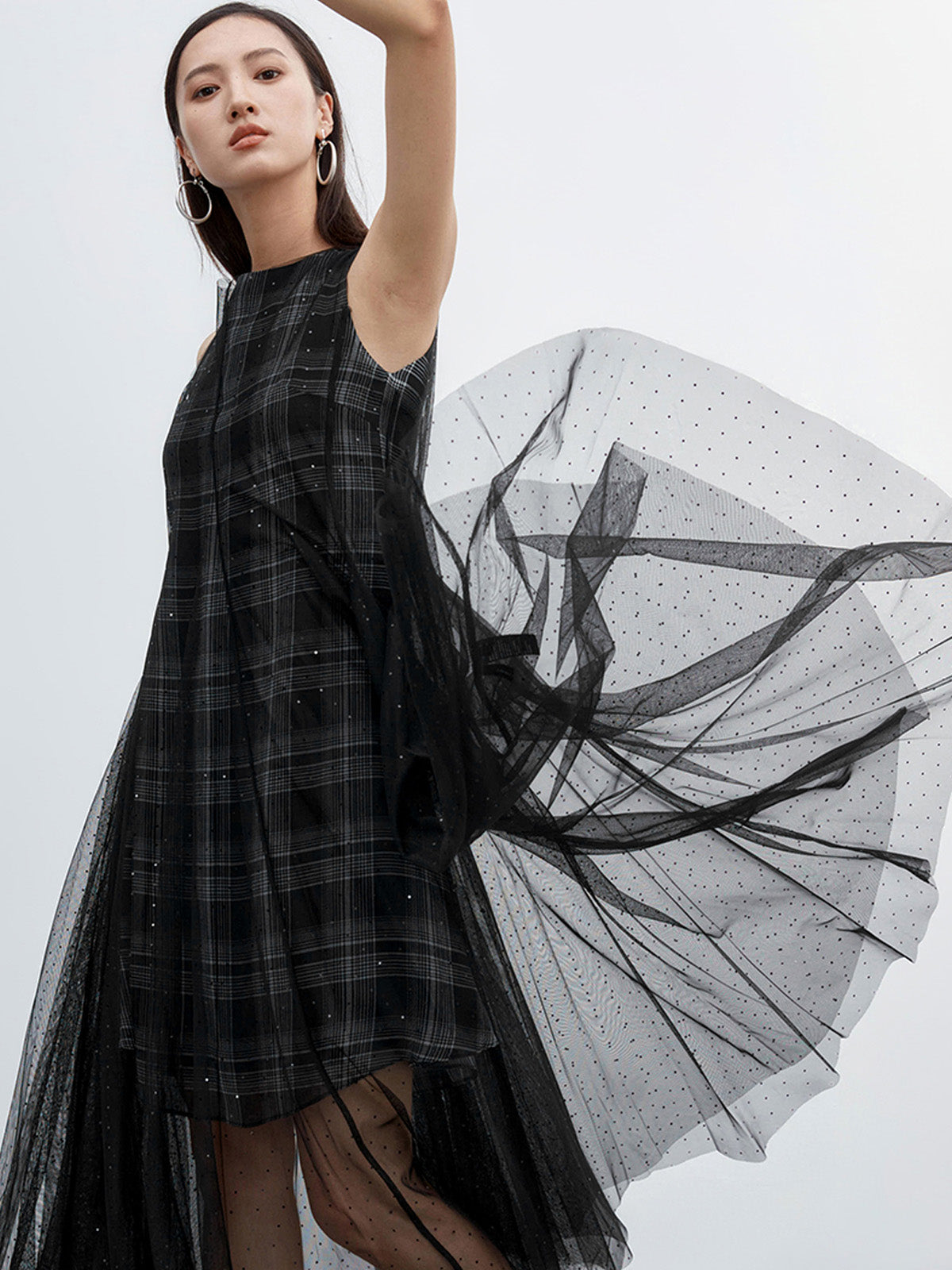 S·DEER black plaid dress with sleeveless design, a sheer tulle skirt, and a flared silhouette