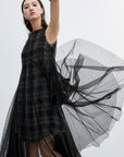 Plaid Sequins Mesh Layer Sleeveless Dress