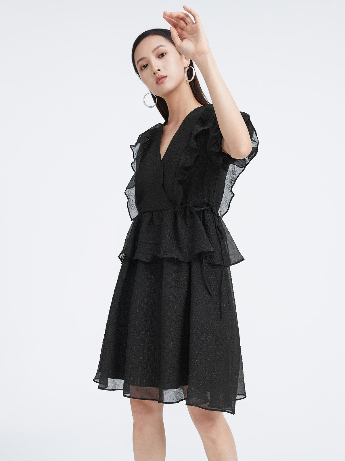 V-Neck A-line Mesh Puff Sleeve Dress