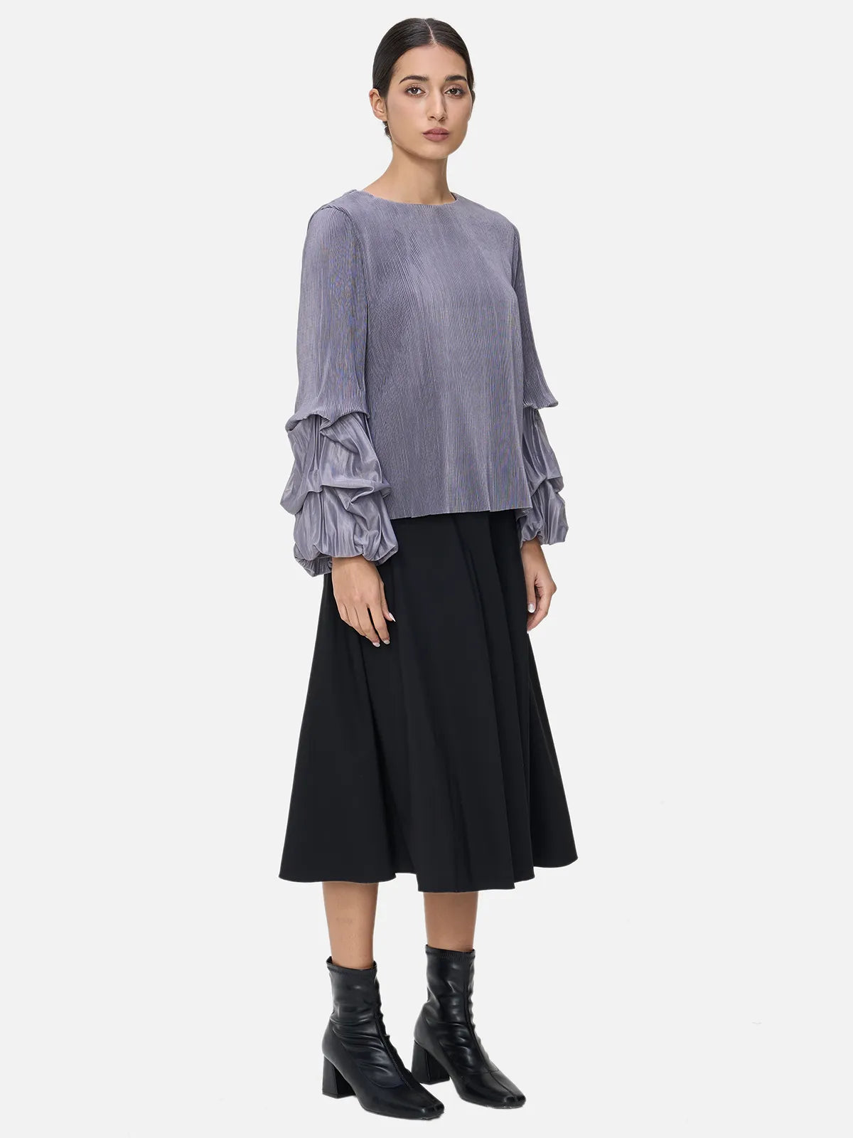 Round Neck Ruffle Lantern Sleeve Blouse