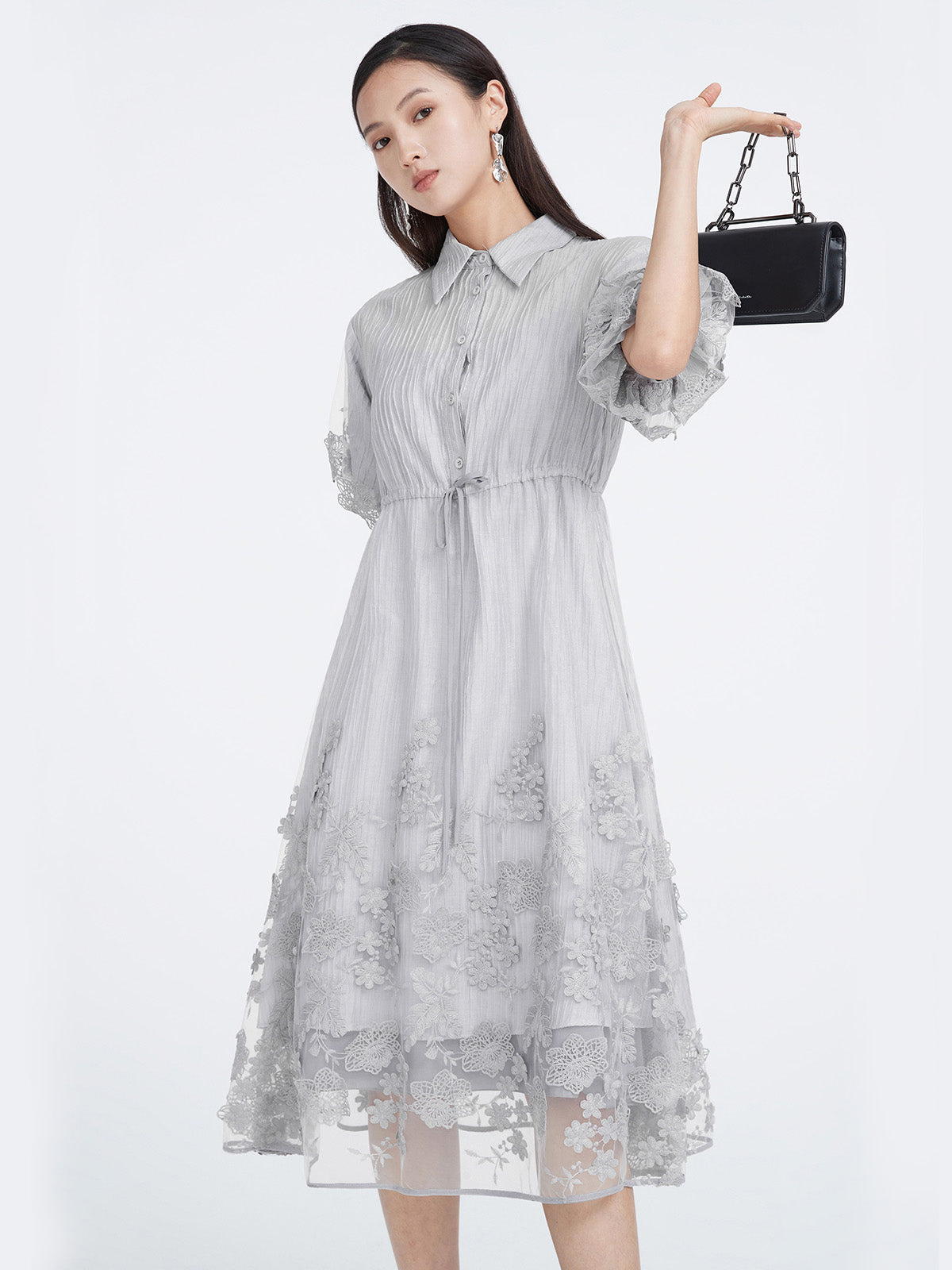 Embroidered Mesh Strappy Two-piece Shirt Dress