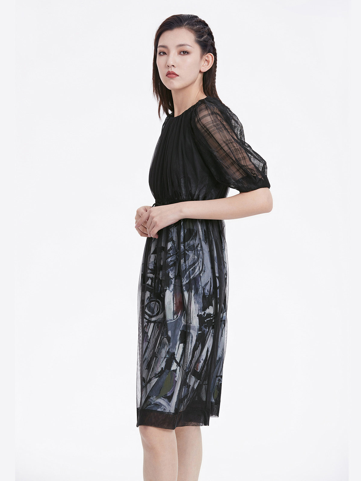 Sheer Mesh Grid Sleeve Printed Dress