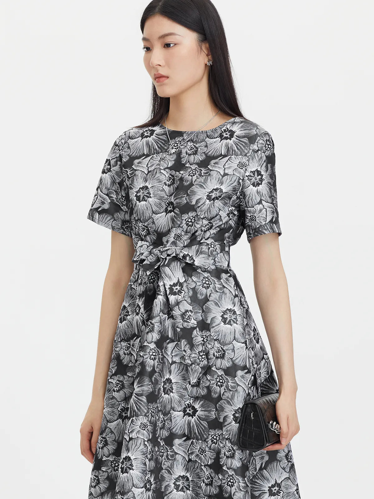 Round Neck Floral Short Sleeve A-Line Dress