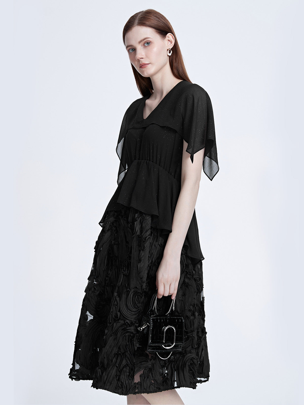 V-neck Chiffon Patchwork Black Dress