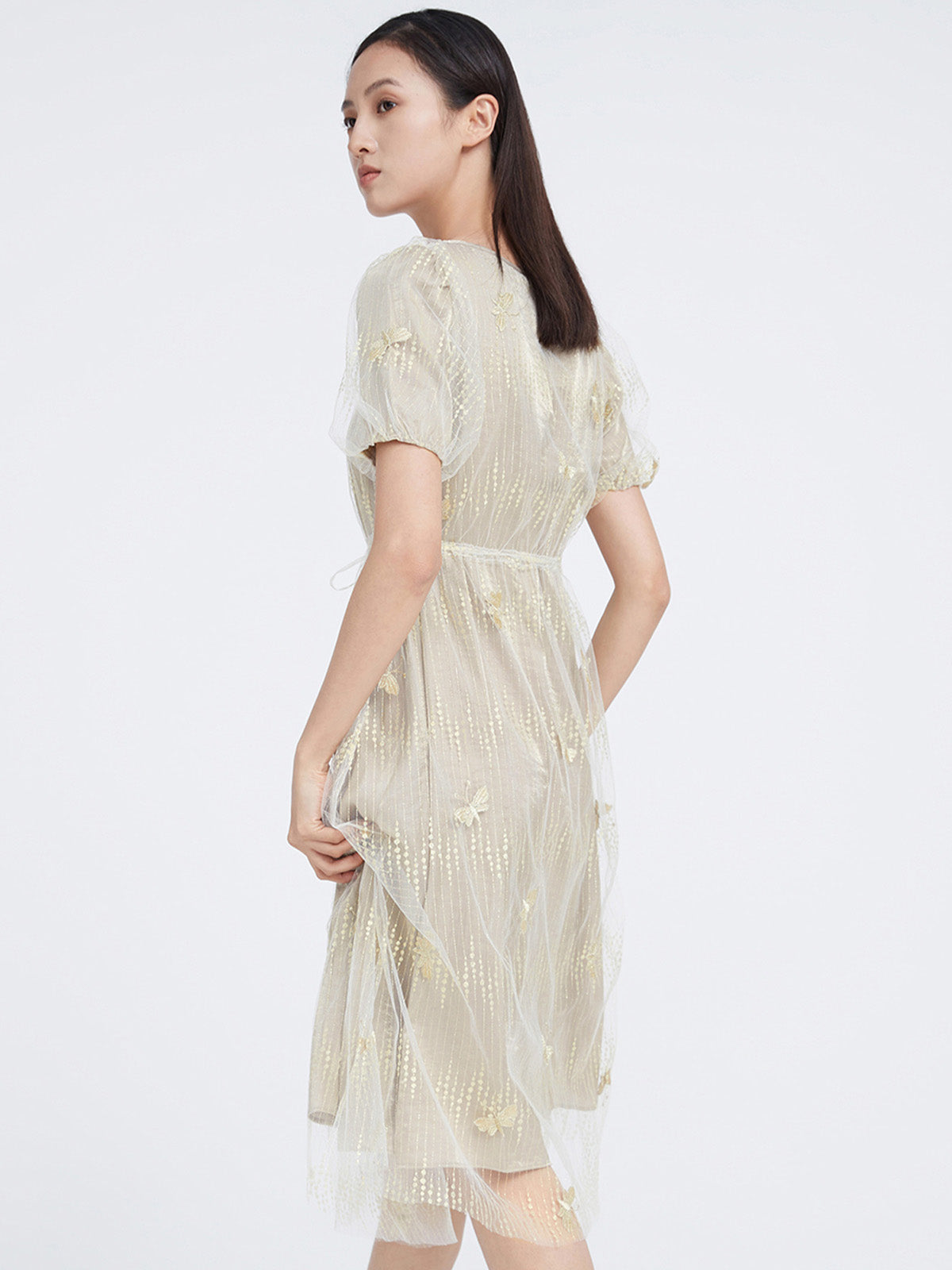 Embroidered A-line Mesh Short-sleeved Dress