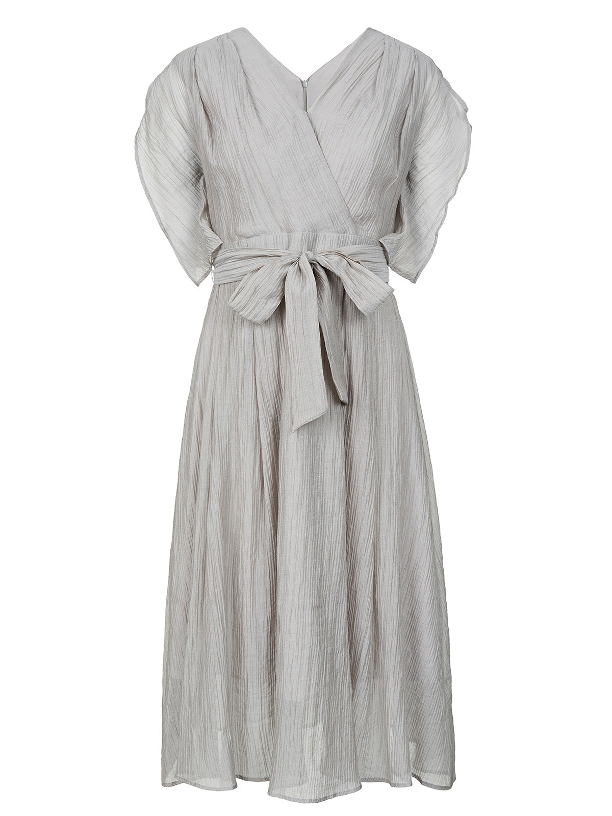 Flat-lay of S·DEER light gray pleated dress with v-neck and waist tie bow detail