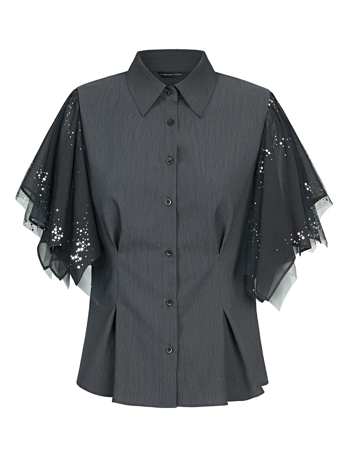 Lapel Tulle Mesh Sequin Short Sleeve Shirt