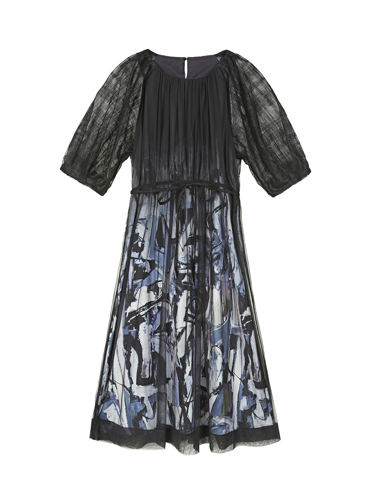 Bedrucktes Kleid mit transparenten Netzärmeln und Gittermuster