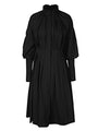Flat-lay of black midi dress with puff sleeves and waist belt
