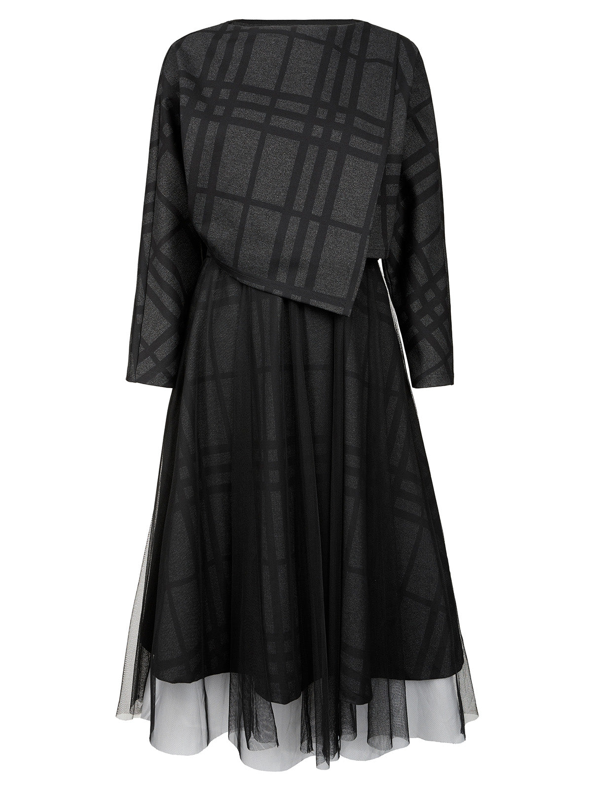 Flat-lay of S·DEER black checkered dress with sheer tulle and matching cropped top