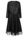 Flat-lay of S·DEER black checkered dress with sheer tulle and matching cropped top
